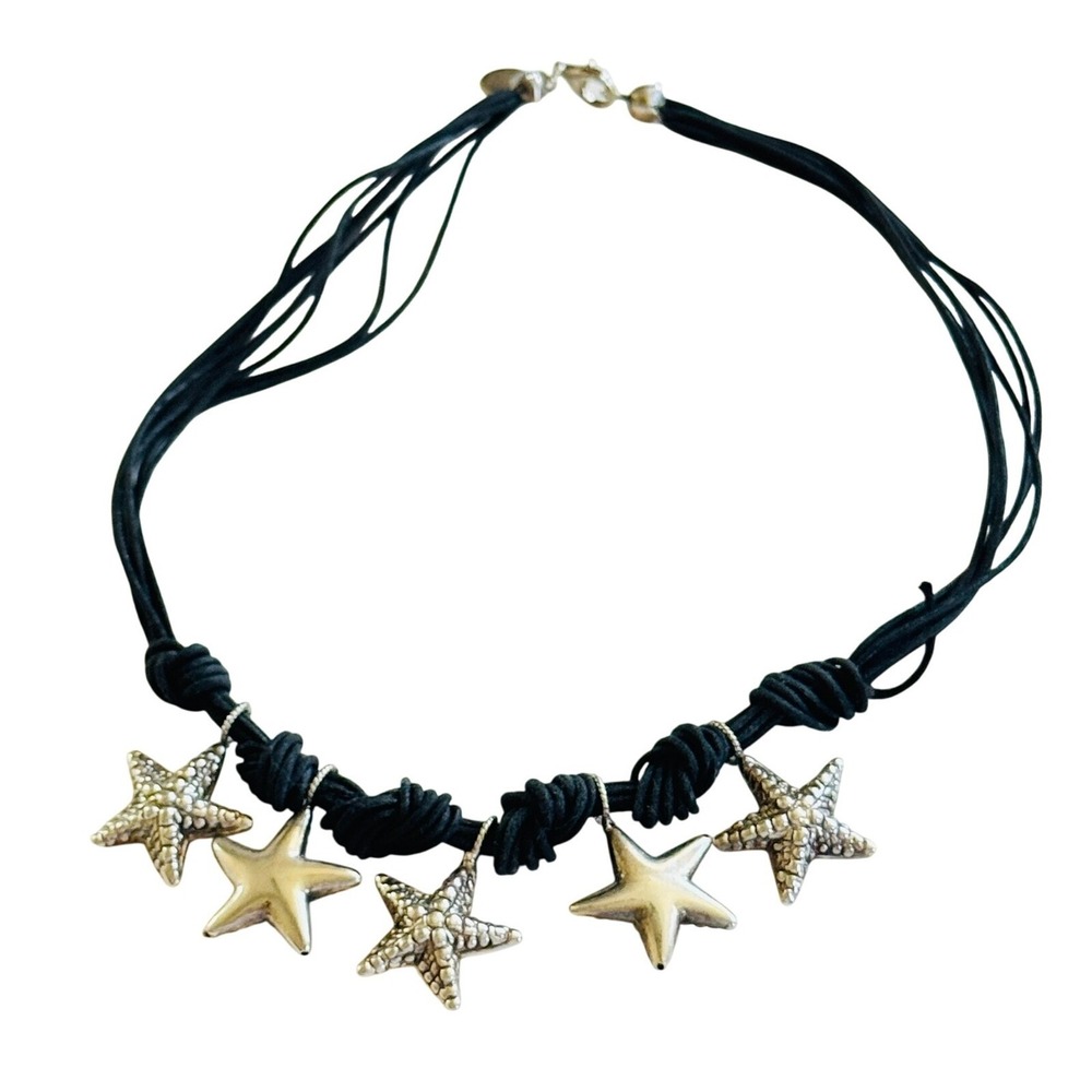 Dyadema Necklace StarFish 925 Sterling Italy puffy Star Black Chord Collar 17.5"
